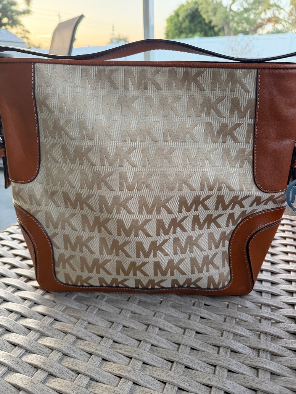 Michael Kors Tan and Beige Monogram Shoulder Tote